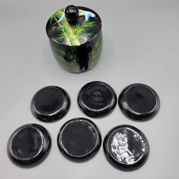 Vintage Asian Crane Bird and Bamboo Pattern Lacquered Coasters Set with Base - Picture 6 of 10